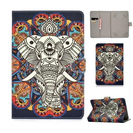 Universal PU Leather Flip Case for 7-10 Inch Tablets with Card Holder - Colorful Elephant Mandala Design, Stand and Card Slot