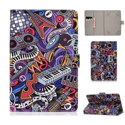 Universal PU Leather Flip Case for 7-10 Inch Tablets with Card Holder showing colorful music-themed printed cover, card pocket and stand function