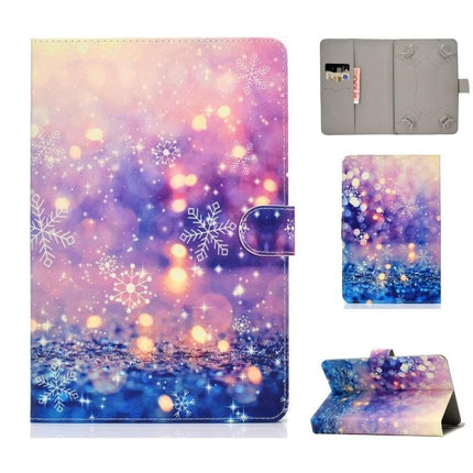 Universal PU Leather Flip Case for 7-10 Inch Tablets with Card Holder in purple galaxy snowflake design, card pocket and stand