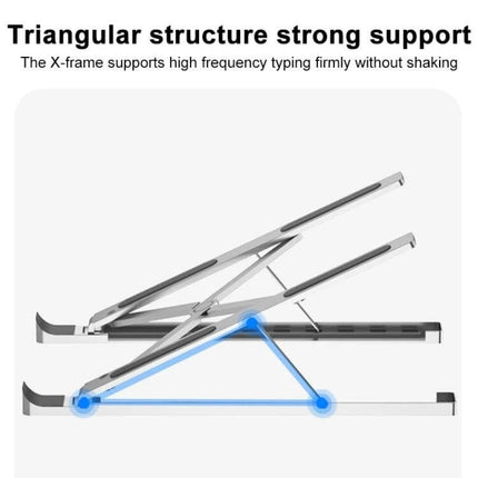 Lenovo Thinkplus Foldable Laptop Stand with Adjustable Height showing triangular X-frame support and silicone pads for stable laptop elevation