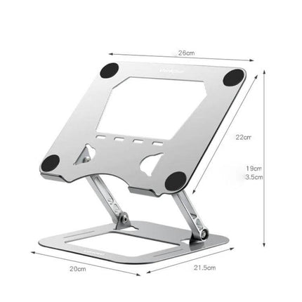 Lenovo Thinkplus Adjustable Desktop Laptop Holder on desk, adjustable metal stand elevating laptop for ergonomic viewing