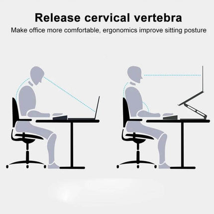 Lenovo Thinkplus Adjustable Desktop Laptop Holder elevating laptop to improve posture and reduce neck strain, ergonomic desk setup