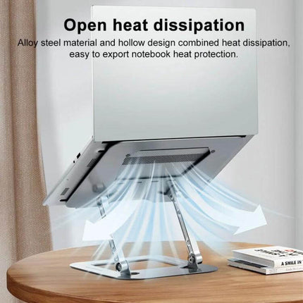 Lenovo Thinkplus Adjustable Desktop Laptop Holder elevating laptop on desk showing open heat dissipation and angled ergonomic position