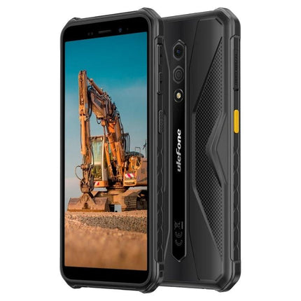 Ulefone Rugged Phone for Everyday Outdoor Activities showing durable design with construction site background, IP68 IP69K and MIL-STD-810H protection