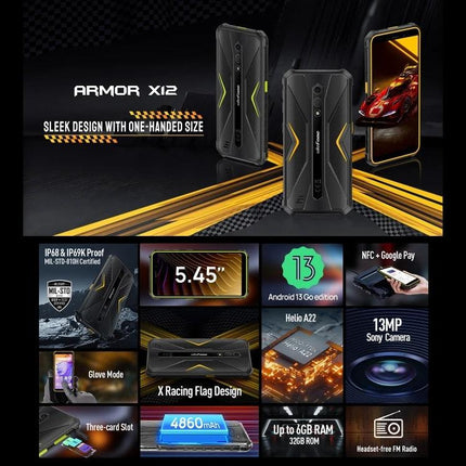 Ulefone Rugged Phone for Everyday Outdoor Activities showcasing Armor X12 design, IP68 IP69K water and dust resistance, MIL-STD-810H, 5.45" display