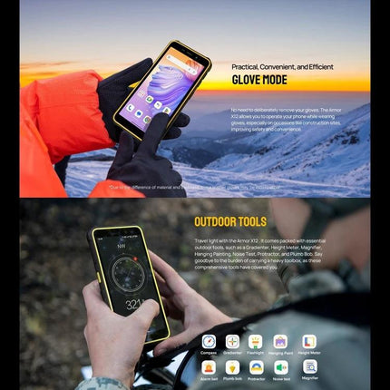 Ulefone Rugged Phone for Everyday Outdoor Activities showing glove mode and outdoor tools in snowy hiking and biking scenes