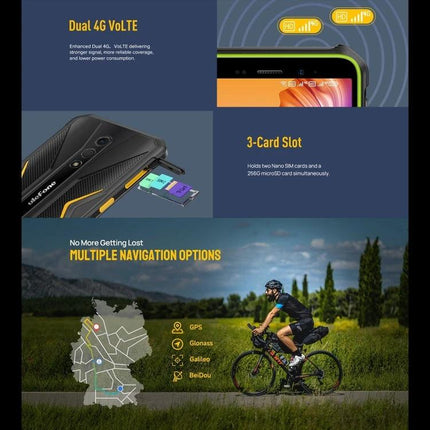 Ulefone Rugged Phone for Everyday Outdoor Activities shown with 3-card slot, dual 4G VoLTE and cyclist using GPS navigation
