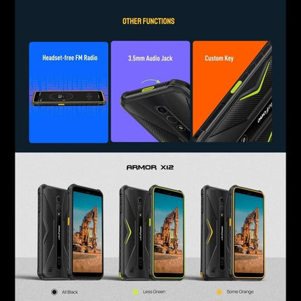 Ulefone Rugged Phone for Everyday Outdoor Activities showcasing FM radio, 3.5mm jack, custom key and color options (Armor X12)
