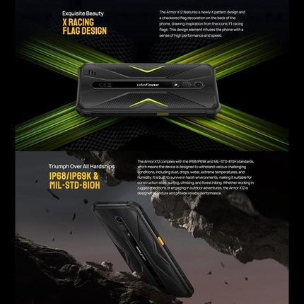 Ulefone Rugged Phone for Everyday Outdoor Activities showcasing IP68 IP69K and MIL-STD-810H durability with X racing flag design