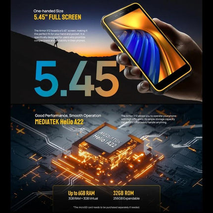 Ulefone Rugged Phone for Everyday Outdoor Activities showing 5.45" screen and MediaTek Helio A22 performance