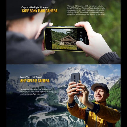 Ulefone Rugged Phone for Everyday Outdoor Activities showing 13MP Sony main camera and 8MP selfie camera in mountain hiking and outdoor use