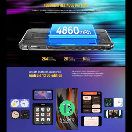 Ulefone Rugged Phone for Everyday Outdoor Activities showcasing 4860mAh battery and Android 13 Go edition features