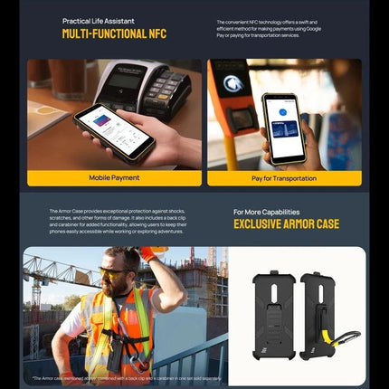 Ulefone Rugged Phone for Everyday Outdoor Activities showing NFC mobile payment, transport tap, and durable Armor Case for construction use
