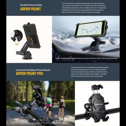 Ulefone Rugged Phone for Everyday Outdoor Activities mounted in a durable Armor Mount car and bike holder showing navigation and hands-free use