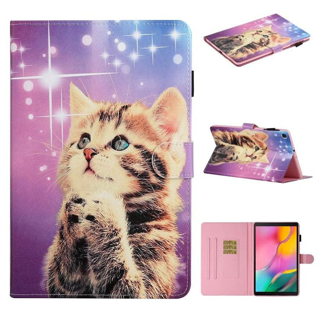 Protective PU Leather Flip Case for Tablets with Holder and Card Slot featuring purple kitten design, stand function and card slot