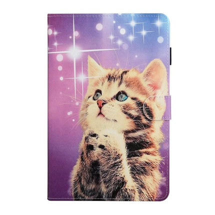 Protective PU Leather Flip Case for Tablets with Holder and Card Slot featuring a purple kitten print, hands-free stand and card slot