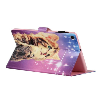 Protective PU Leather Flip Case for Tablets with Holder and Card Slot showing purple kitten print, stand function and card slot