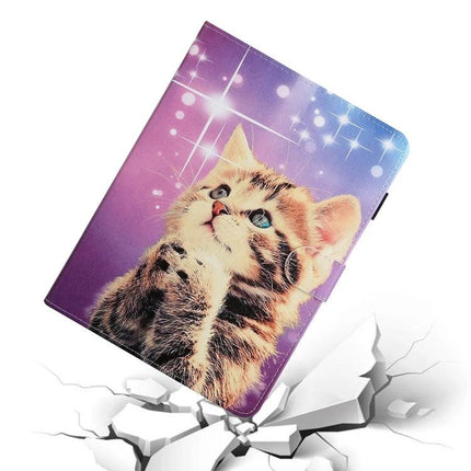 Protective PU Leather Flip Case for Tablets with Holder and Card Slot featuring purple kitten print, stand function and card slot