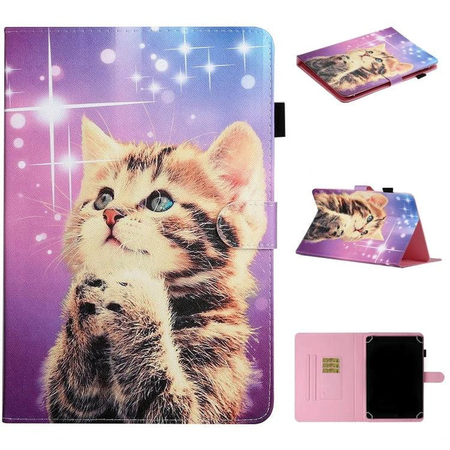 PU Leather Protective Case with Holder for 10-Inch Tablets showing purple sparkly kitten design, hands-free stand and secure fit