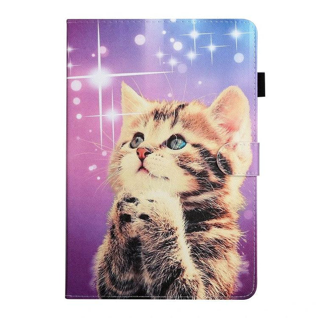 PU Leather Protective Case with Holder for 10-Inch Tablets featuring purple galaxy kitten design, hands-free stand and precise fit