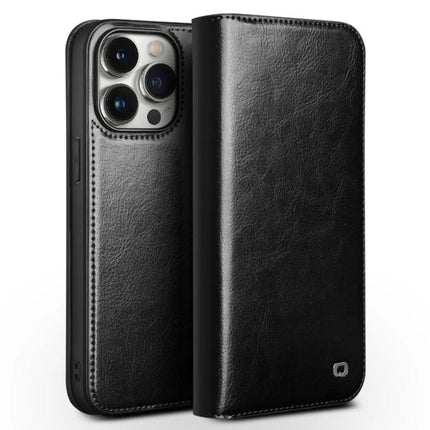QIALINO Genuine Leather Phone Case With Built In Stand For Daily Protection On The Go – black folio wallet-style protective cover