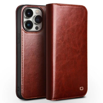 QIALINO Genuine Leather Phone Case With Built In Stand For Daily Protection On The Go - brown folio wallet case shown open and closed