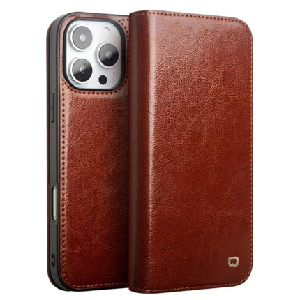QIALINO Genuine Leather Phone Case With Built In Stand For Daily Protection On The Go brown folio wallet showing back camera cutout and front cover