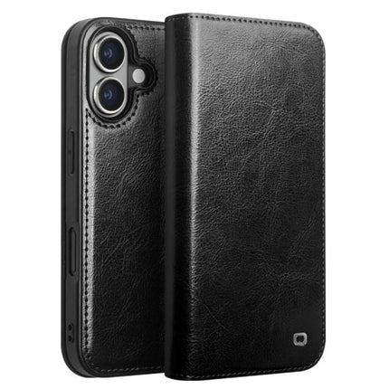 QIALINO Genuine Leather Phone Case With Built In Stand For Daily Protection On The Go, black folio cover showing textured leather and camera cutout