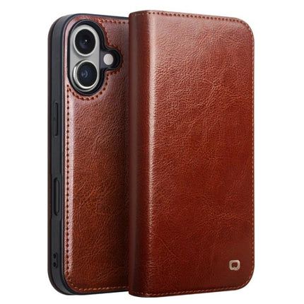 QIALINO Genuine Leather Phone Case With Built In Stand For Daily Protection On The Go - brown folio wallet case showing textured leather and camera cutout