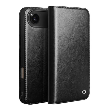 QIALINO Genuine Leather Phone Case With Built In Stand For Daily Protection On The Go - black folio wallet cover with built-in stand and precise cutouts