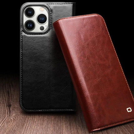 QIALINO Genuine Leather Phone Case With Built In Stand For Daily Protection On The Go - black and brown leather folio cases shown, built-in stand, camera cutout