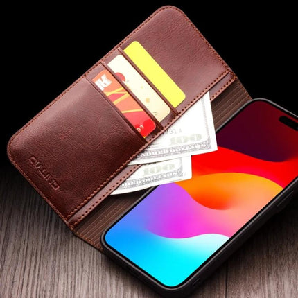 QIALINO Genuine Leather Phone Case With Built In Stand For Daily Protection On The Go brown folio wallet showing cards, cash and phone in landscape view