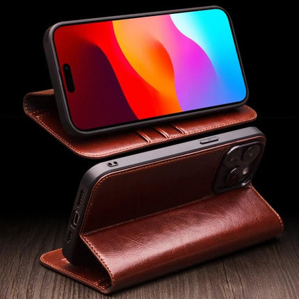 QIALINO Genuine Leather Phone Case With Built In Stand For Daily Protection On The Go brown folio case propped in landscape for hands-free viewing