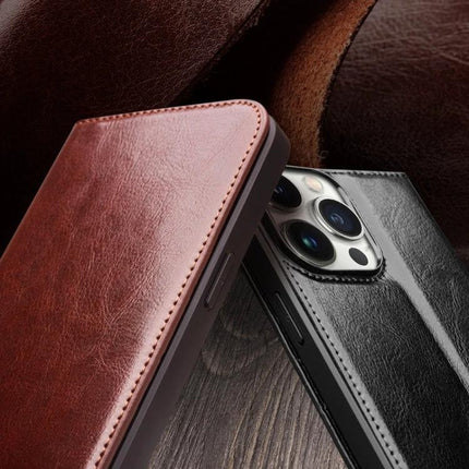 QIALINO Genuine Leather Phone Case With Built In Stand For Daily Protection On The Go - brown and black leather folio cases showing camera cutout and built-in stand