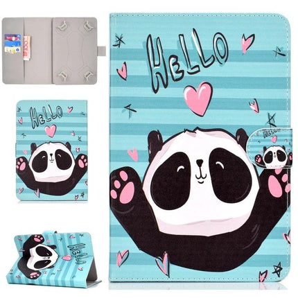Horizontal Flip PU Leather Case with Holder for 10-Inch Tablets featuring cute panda hello design, teal striped protective folio for hands-free viewing