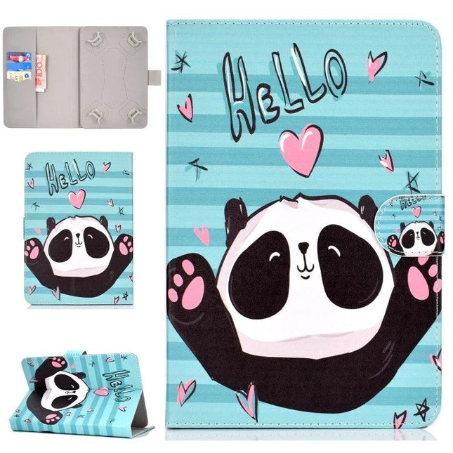 Horizontal Flip PU Leather Case with Holder for 10-Inch Tablets featuring cute panda hello design, teal striped protective folio for hands-free viewing