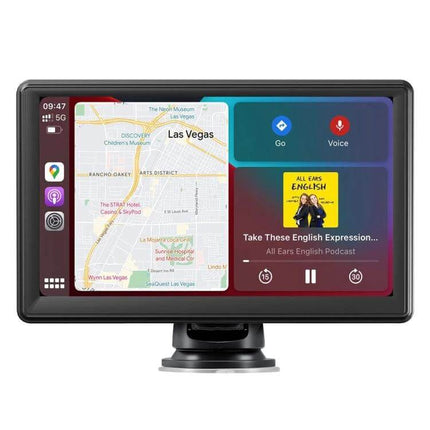 7-Inch Portable Car Smart Screen with Wireless Projection mounted in car showing map navigation and media playback with rotatable retractable bracket