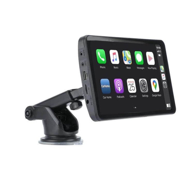 7-Inch Portable Car Smart Screen with Wireless Projection mounted on a 360-degree rotatable retractable car bracket showing smartphone apps