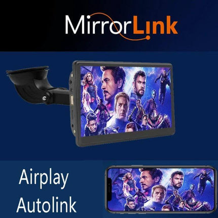 7-Inch Portable Car Smart Screen with Wireless Projection mounted on 360-degree rotatable retractable bracket showing wireless MirrorLink and Airplay screen mirroring
