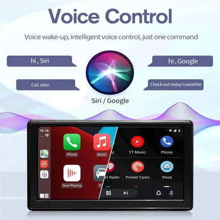 7-Inch Portable Car Smart Screen with Wireless Projection showing voice control interface, Siri/Google integration and rotatable mount