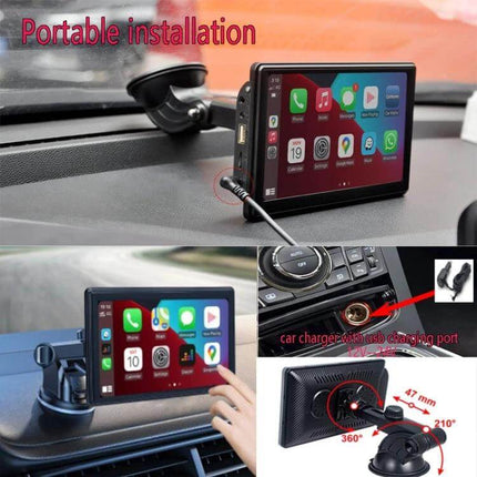 7-Inch Portable Car Smart Screen with Wireless Projection mounted on dashboard with 360-degree rotatable retractable bracket for hands-free navigation