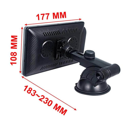 7-Inch Portable Car Smart Screen with Wireless Projection on 360° rotatable retractable car mount showing dimensions and suction cup