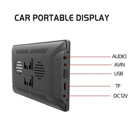 7-Inch Portable Car Smart Screen with Wireless Projection rear view showing ports (Audio, AVIN, USB, TF, DC12V) and rotatable bracket