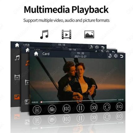 7-Inch Portable Car Smart Screen with Wireless Projection showing multimedia playback interface with music and video controls