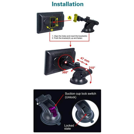7-Inch Portable Car Smart Screen with Wireless Projection showing 360° rotatable retractable bracket installation and suction cup lock