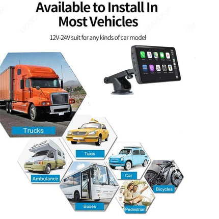 7-Inch Portable Car Smart Screen with Wireless Projection mounted on adjustable 360-degree rotatable bracket shown compatible with trucks, taxis, cars, buses