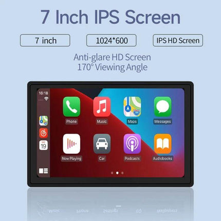 7-Inch Portable Car Smart Screen with Wireless Projection showing 7-inch IPS display, anti-glare HD 1024x600 screen and app icons
