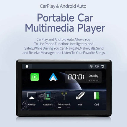7-Inch Portable Car Smart Screen with Wireless Projection showing dashboard mount, CarPlay Android Auto interface, 360° rotatable bracket