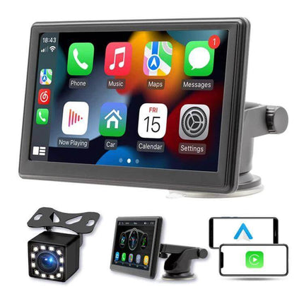 7-Inch Portable Car Screen for Wireless Apple CarPlay and Android Auto - compact dash display showing CarPlay apps with mounting kit and backup camera