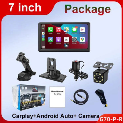 7-Inch Portable Car Screen for Wireless Apple CarPlay and Android Auto - 7-inch display kit with mount, camera, charger and cables